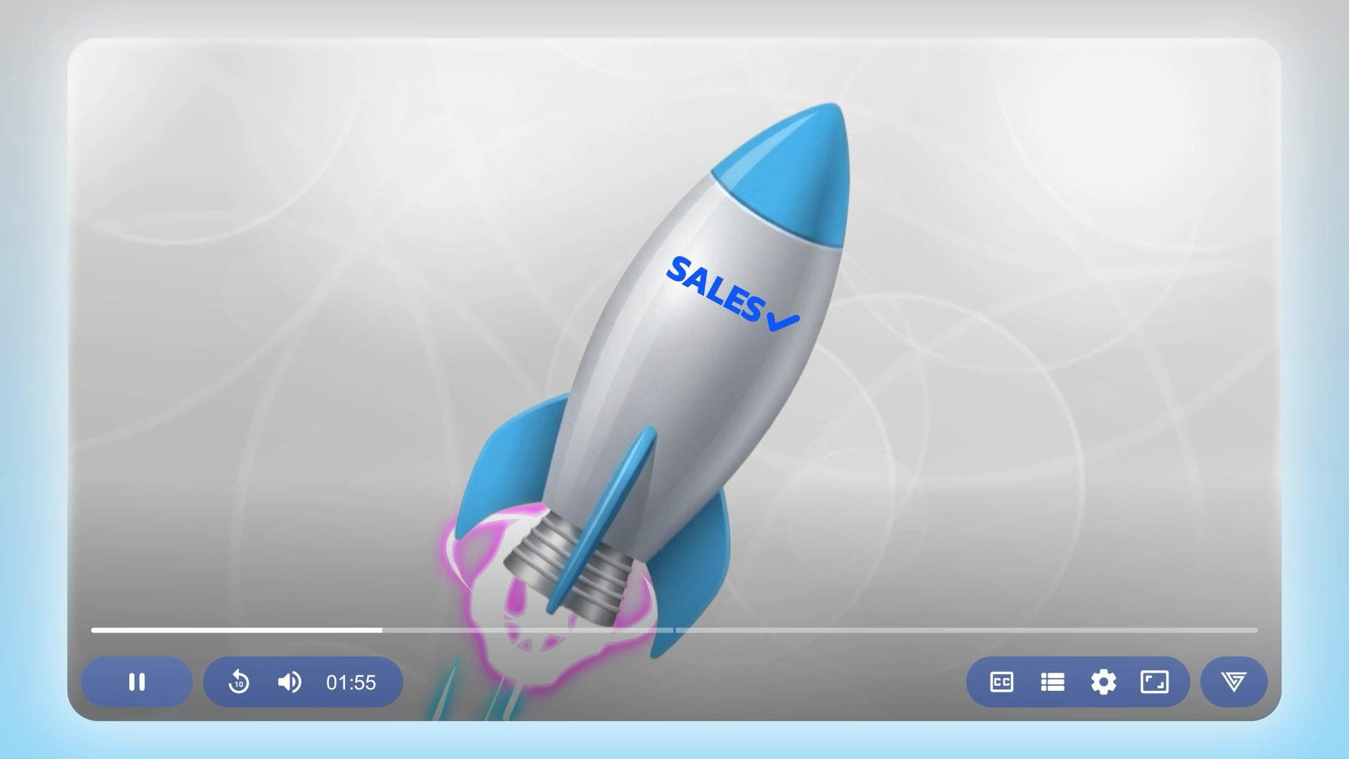 A blue-and-silver 3D rocket marked Sales in a product video frame